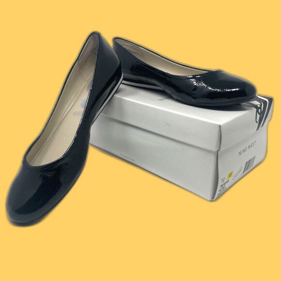 New w/box Nine West Black Faux Patent Leather Mod Flat US 10M - Picture 1 of 13